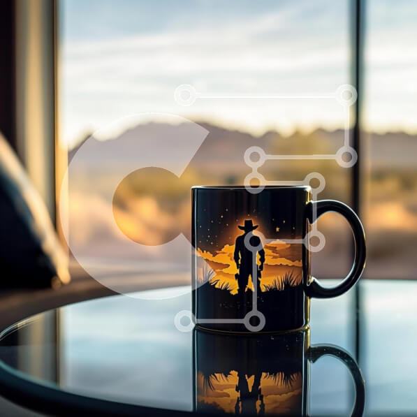 Intra Συλλεκτικό Ξύλινο Παζλ Plywood  4mm - Κούπα καουμπόη στο τραπέζι με θέα στο ηλιοβασίλεμα Σε Ξύλινο Κουτί - Διαστάσεις Puzzle: 10x10 cm – 25 κομμάτια