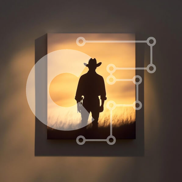 Intra Συλλεκτικό Ξύλινο Παζλ Plywood  4mm - Σιλουέτα ενός καουμπόη ενάντια στο ηλιοβασίλεμα Σε Ξύλινο Κουτί - Διαστάσεις Puzzle: 10x10 cm – 25 κομμάτια