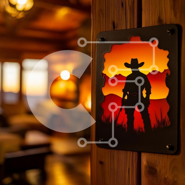 Intra Συλλεκτικό Ξύλινο Παζλ Plywood  4mm - Σιλουέτα ενός καουμπόη ενάντια στο ηλιοβασίλεμα σε ρουστίκ καμπίνα Σε Ξύλινο Κουτί - Διαστάσεις Puzzle: 10x10 cm – 25 κομμάτια