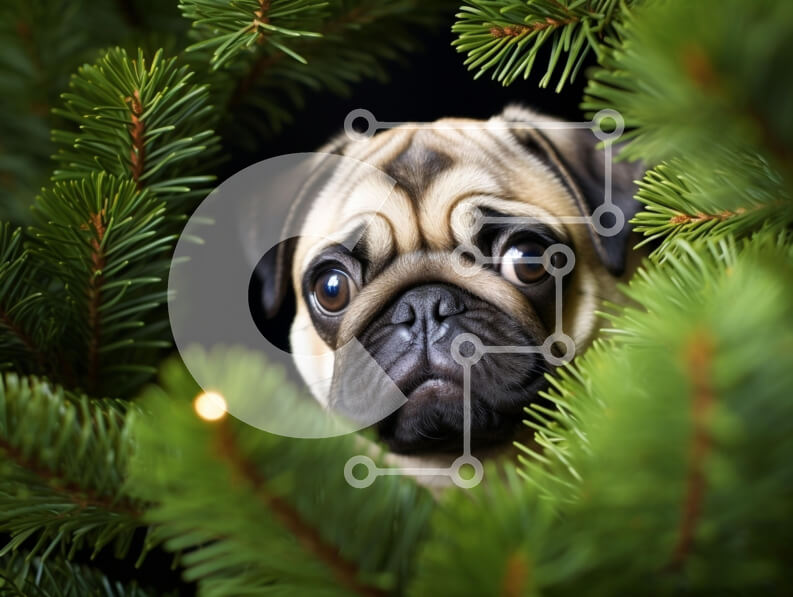 Σετ των 2 Intra Συλλεκτικό Ξύλινο Παζλ Plywood  4mm - Pug που κρυφοκοιτάζει μέσα από κλαδιά πεύκου Σε Ξύλινο Κουτί - Διαστάσεις: 10x10 cm – 25 κομμάτια