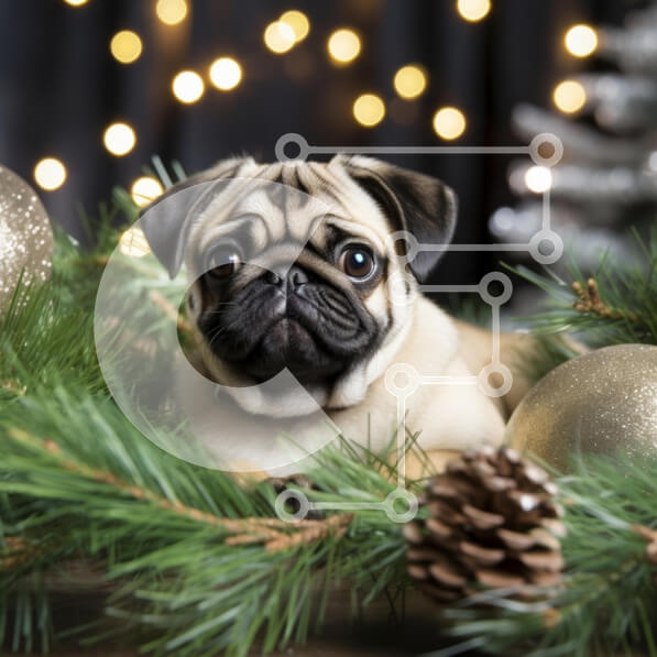 Intra Συλλεκτικό Ξύλινο Παζλ Plywood  4mm - Pug Dog που περιβάλλεται από διακόσμηση διακοπών Σε Ξύλινο Κουτί - Διαστάσεις: 10x10 cm – 25 κομμάτια