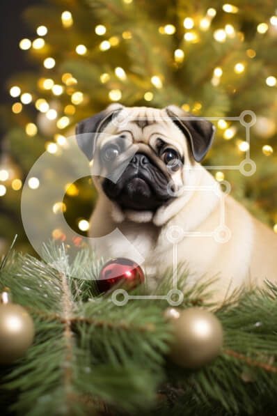 Σετ των 2 Intra Συλλεκτικό Ξύλινο Παζλ Plywood  4mm - Pug που περιβάλλεται από χριστουγεννιάτικα στολίδια Σε Ξύλινο Κουτί - Διαστάσεις: 10x10 cm – 25 κομμάτια