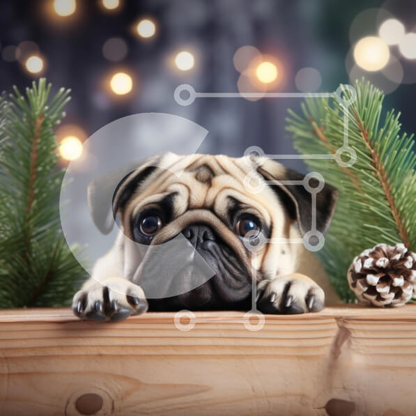 Intra Συλλεκτικό Ξύλινο Παζλ Plywood  4mm - Pug σε εορταστικό σκηνικό με κλαδιά πεύκου Σε Ξύλινο Κουτί - Διαστάσεις: 10x10 cm – 25 κομμάτια