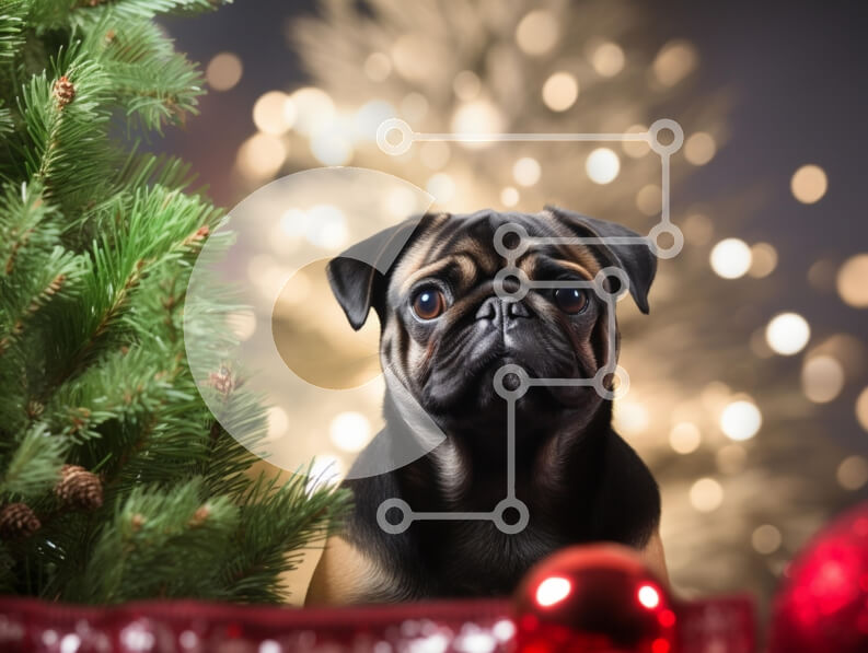 Σετ των 2 Intra Συλλεκτικό Ξύλινο Παζλ Plywood  4mm - Pug μπροστά από ένα χριστουγεννιάτικο δέντρο Σε Ξύλινο Κουτί - Διαστάσεις: 10x10 cm – 25 κομμάτια