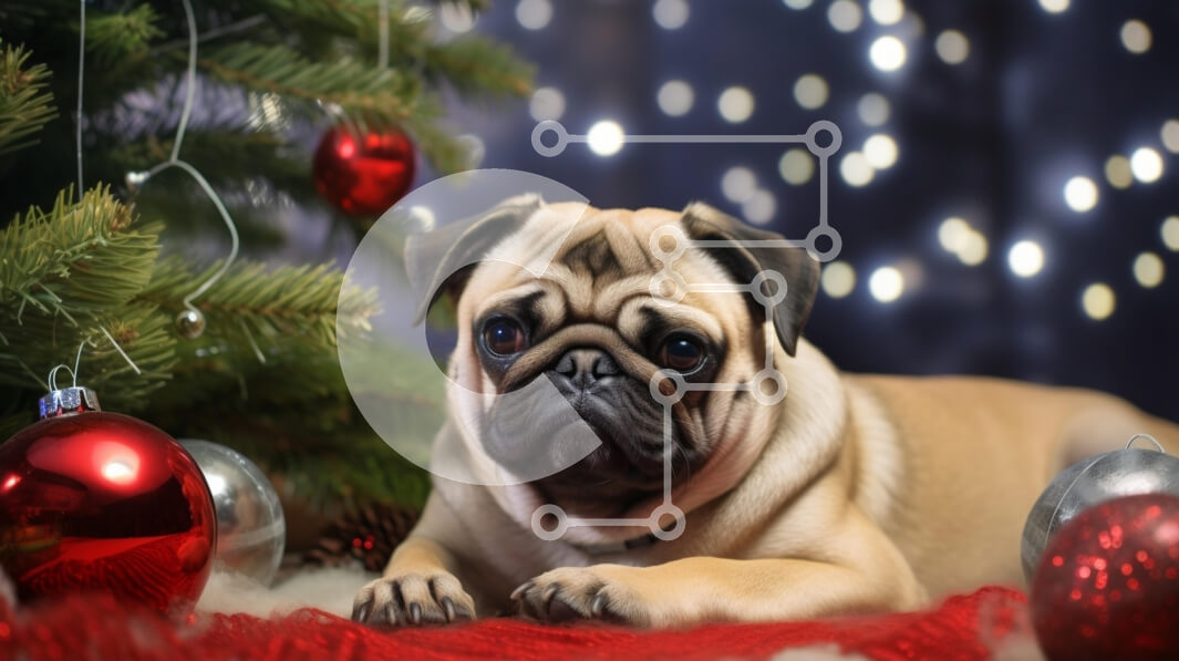 Σετ των 2 Intra Συλλεκτικό Ξύλινο Παζλ Plywood  4mm - Pug Dog δίπλα στο Χριστουγεννιάτικο δέντρο Σε Ξύλινο Κουτί - Διαστάσεις: 10x10 cm – 25 κομμάτια