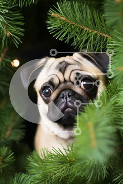 Σετ των 2 Intra Συλλεκτικό Ξύλινο Παζλ Plywood  4mm - Pug που κρυφοκοιτάζει μέσα από το χριστουγεννιάτικο δέντρο Σε Ξύλινο Κουτί - Διαστάσεις: 10x10 cm – 25 κομμάτια