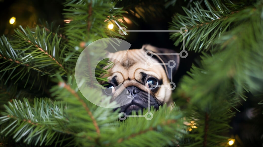 Intra Συλλεκτικό Ξύλινο Παζλ Plywood  4mm - Pug που κρυφοκοιτάζει μέσα από κλαδιά πεύκου με φώτα Σε Ξύλινο Κουτί - Διαστάσεις: 10x10 cm – 25 κομμάτια