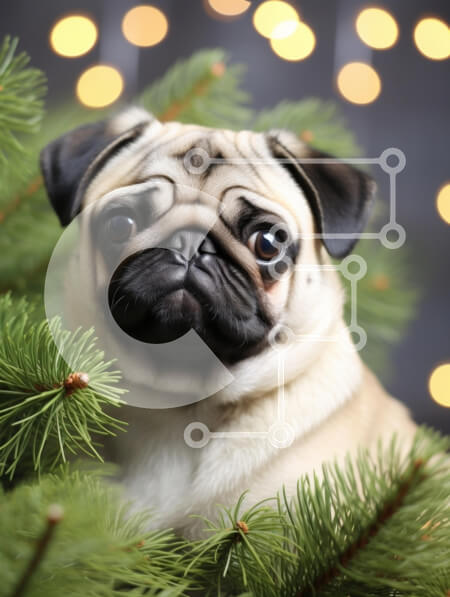 Σετ των 2 Intra Συλλεκτικό Ξύλινο Παζλ Plywood  4mm - Pug Dog που περιβάλλεται από κλαδιά πεύκου και φώτα Bokeh Σε Ξύλινο Κουτί - Διαστάσεις: 10x10 cm – 25 κομμάτια