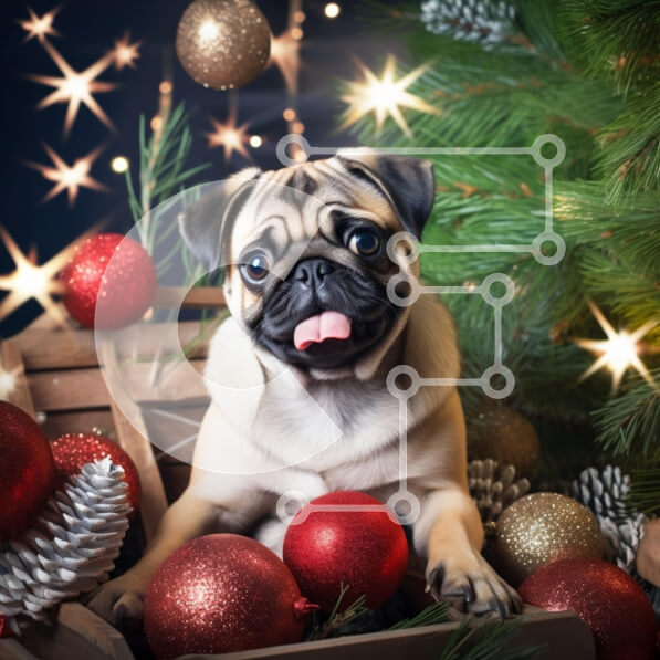 Intra Συλλεκτικό Ξύλινο Παζλ Plywood  4mm - Pug Puppy που περιβάλλεται από Χριστουγεννιάτικα στολίδια Σε Ξύλινο Κουτί - Διαστάσεις: 10x10 cm – 25 κομμάτια