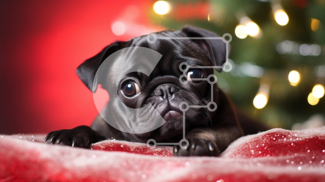 Intra Συλλεκτικό Ξύλινο Παζλ Plywood  4mm - Αξιολάτρευτο μαύρο κουτάβι πατημασιά σε κόκκινη κουβέρτα κατά τη διάρκεια των Χριστουγέννων Σε Ξύλινο Κουτί - Διαστάσεις: 10x10 cm – 25 κομμάτια