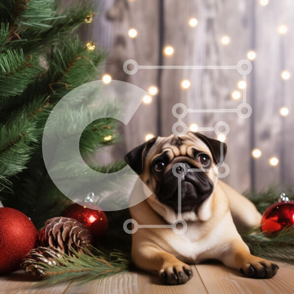 Intra Συλλεκτικό Ξύλινο Παζλ Plywood  4mm - Σκυλί πατημασιά που χαλαρώνει κοντά στο χριστουγεννιάτικο δέντρο Σε Ξύλινο Κουτί - Διαστάσεις: 10x10 cm – 25 κομμάτια