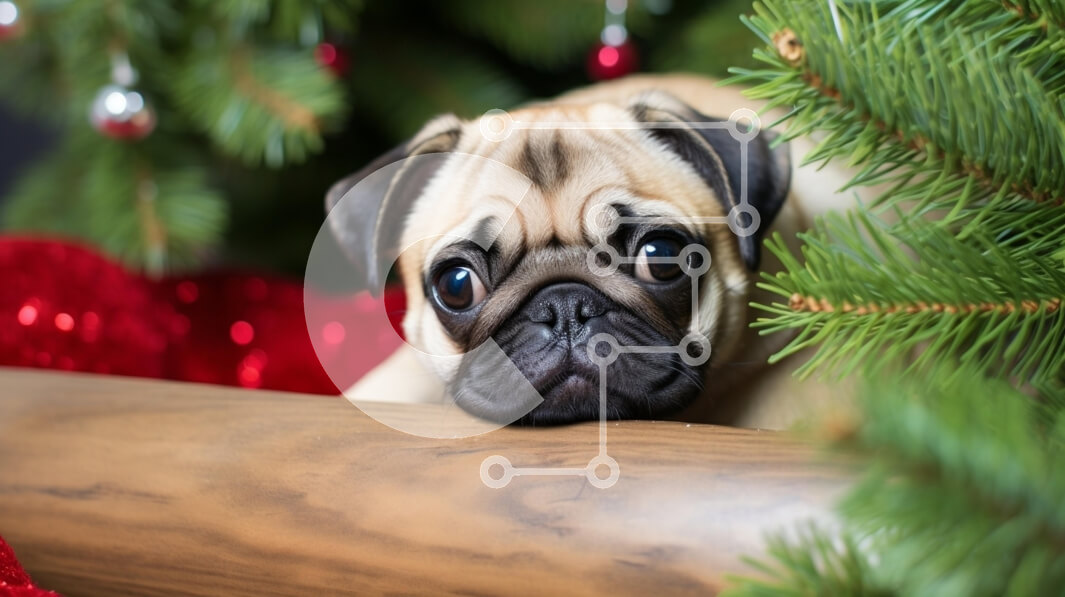 Σετ των 2 Intra Συλλεκτικό Ξύλινο Παζλ Plywood  4mm - Pug Dog σε ένα εορταστικό χριστουγεννιάτικο σκηνικό Σε Ξύλινο Κουτί - Διαστάσεις: 10x10 cm – 25 κομμάτια