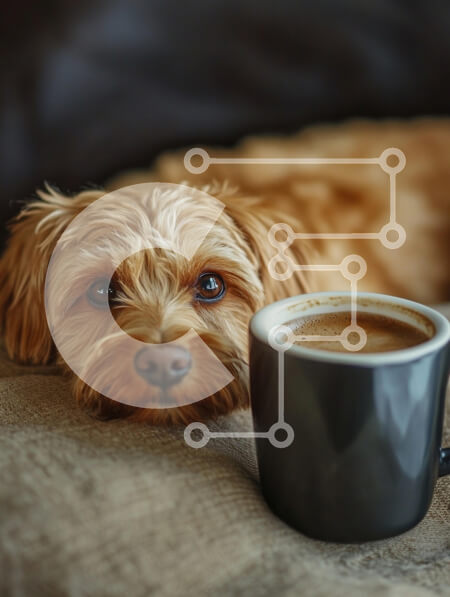 Σετ των 2 Intra Συλλεκτικό Ξύλινο Παζλ Plywood  4mm - Χαλαρός σκύλος δίπλα σε ένα φλιτζάνι καφέ Σε Ξύλινο Κουτί - Διαστάσεις: 10x10 cm – 25 κομμάτια