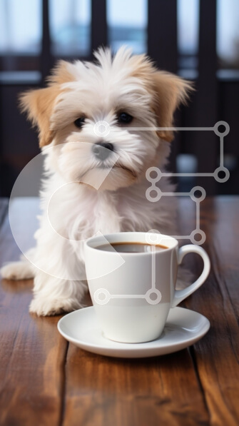 Σετ των 2 Intra Συλλεκτικό Ξύλινο Παζλ Plywood  4mm - Χαριτωμένο κουτάβι που κάθεται δίπλα σε ένα φλιτζάνι καφέ Σε Ξύλινο Κουτί - Διαστάσεις: 10x10 cm – 25 κομμάτια