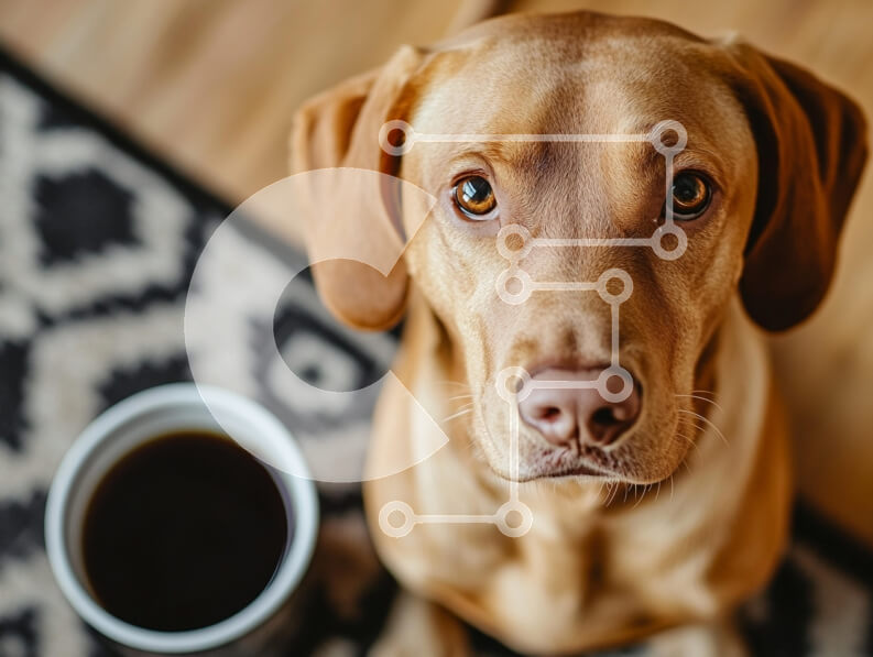 Σετ των 2 Intra Συλλεκτικό Ξύλινο Παζλ Plywood  4mm - Σκύλος που κάθεται δίπλα σε ένα φλιτζάνι καφέ Σε Ξύλινο Κουτί - Διαστάσεις: 10x10 cm – 25 κομμάτια