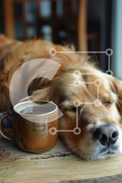 Σετ των 2 Intra Συλλεκτικό Ξύλινο Παζλ Plywood  4mm - Golden Retriever που στηρίζεται δίπλα στην κούπα καφέ Σε Ξύλινο Κουτί - Διαστάσεις: 10x10 cm – 25 κομμάτια