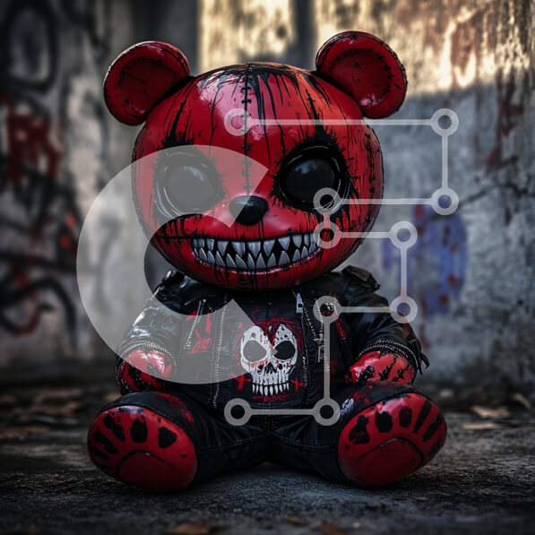 Intra Συλλεκτικό Ξύλινο Παζλ Plywood  4mm - Στυλιζαρισμένη κόκκινη και μαύρη φιγούρα αρκούδας σε αστικό περιβάλλον Σε Ξύλινο Κουτί - Διαστάσεις Puzzle: 10x10 cm – 25 κομμάτια