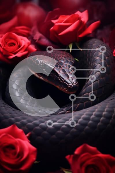 Σετ των 2 Intra Συλλεκτικό Ξύλινο Παζλ Plywood  4mm - Μαύρο φίδι κουλουριασμένο ανάμεσα σε κόκκινα τριαντάφυλλα Σε Ξύλινο Κουτί - Διαστάσεις: 10x10 cm – 25 κομμάτια