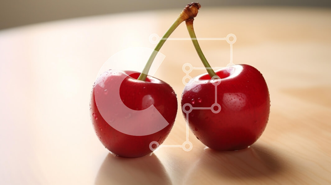 Σετ των 2 Intra Συλλεκτικό Ξύλινο Παζλ Plywood  4mm - Δύο φρέσκα κόκκινα κεράσια σε μια ξύλινη επιφάνεια Σε Ξύλινο Κουτί - Διαστάσεις: 10x10 cm – 25 κομμάτια