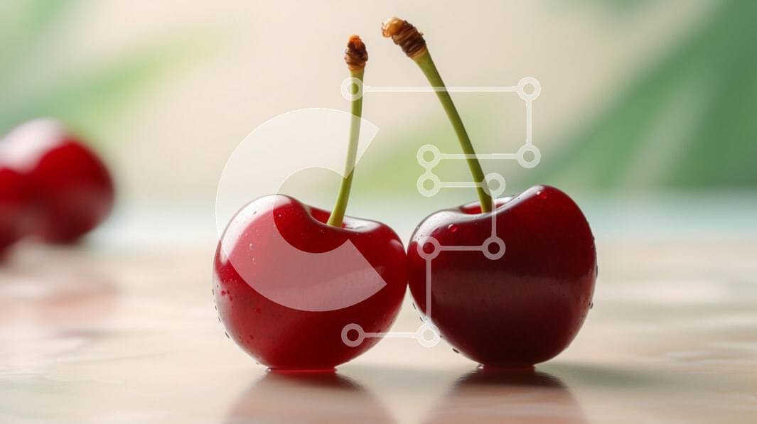 Σετ των 2 Intra Συλλεκτικό Ξύλινο Παζλ Plywood  4mm - Κοντινό πλάνο φρέσκων κερασιών με σταγονίδια νερού Σε Ξύλινο Κουτί - Διαστάσεις: 10x10 cm – 25 κομμάτια