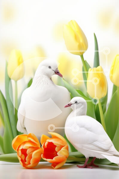 Σετ των 2 Intra Συλλεκτικό Ξύλινο Παζλ Plywood  4mm - Λευκά περιστέρια ανάμεσα στις τουλίπες Σε Ξύλινο Κουτί - Διαστάσεις: 10x10 cm – 25 κομμάτια