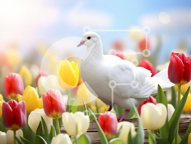 Σετ των 2 Intra Συλλεκτικό Ξύλινο Παζλ Plywood  4mm - Λευκό Περιστέρι που περιβάλλεται από πολύχρωμες τουλίπες την άνοιξη Σε Ξύλινο Κουτί - Διαστάσεις: 10x10 cm – 25 κομμάτια