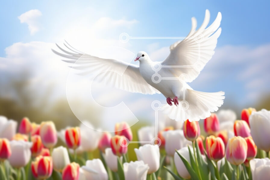 Intra Συλλεκτικό Ξύλινο Παζλ Plywood  4mm - Περιστέρι που πετά πάνω από τουλίπες την άνοιξη Σε Ξύλινο Κουτί - Διαστάσεις: 10x10 cm – 25 κομμάτια