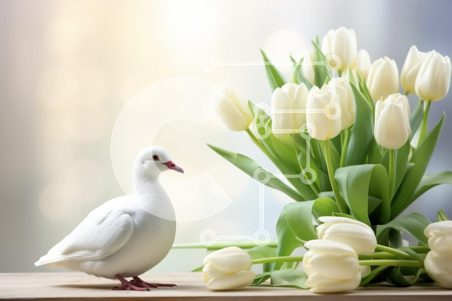 Σετ των 2 Intra Συλλεκτικό Ξύλινο Παζλ Plywood  4mm - Λευκό Περιστέρι και Λευκές τουλίπες σε ένα γαλήνιο περιβάλλον Σε Ξύλινο Κουτί - Διαστάσεις: 10x10 cm – 25 κομμάτια