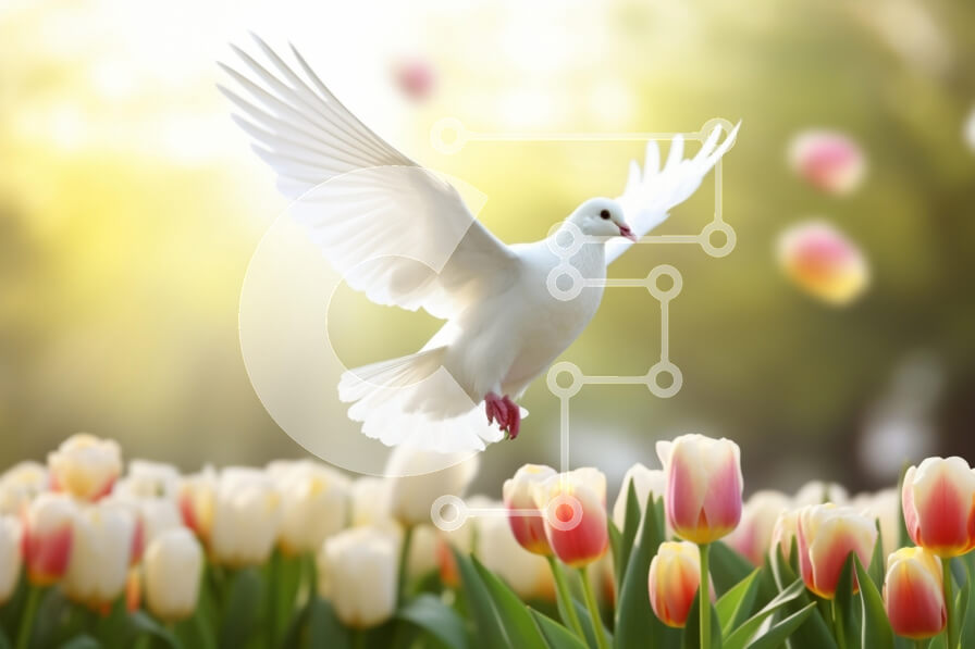 Intra Συλλεκτικό Ξύλινο Παζλ Plywood  4mm - Λευκό Περιστέρι που πετά πάνω από τις τουλίπες την άνοιξη Σε Ξύλινο Κουτί - Διαστάσεις: 10x10 cm – 25 κομμάτια