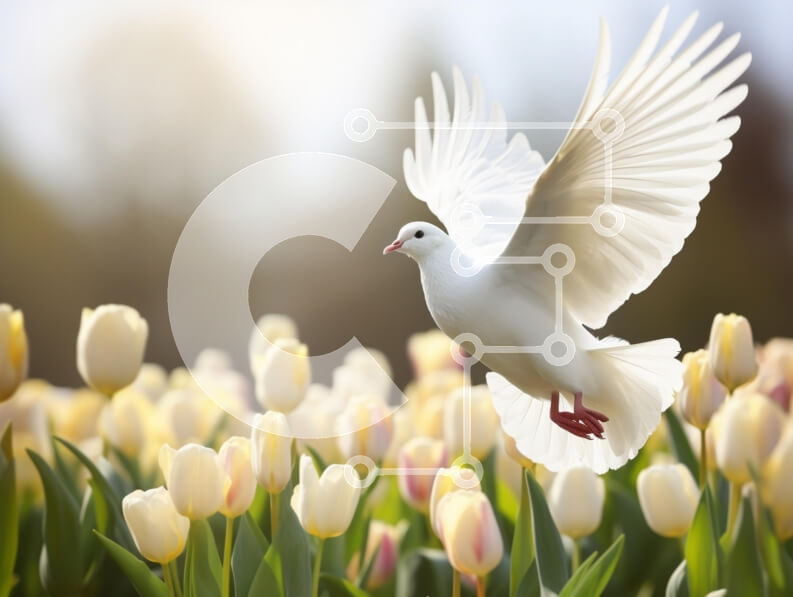 Intra Συλλεκτικό Ξύλινο Παζλ Plywood  4mm - Λευκό Περιστέρι στην πτήση πάνω από τις τουλίπες Σε Ξύλινο Κουτί - Διαστάσεις: 10x10 cm – 25 κομμάτια