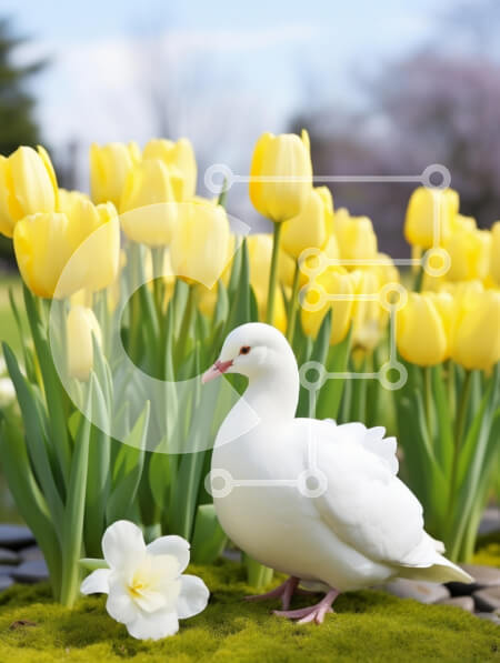 Intra Συλλεκτικό Ξύλινο Παζλ Plywood  4mm - Περιστέρι ανάμεσα στις κίτρινες τουλίπες την άνοιξη Σε Ξύλινο Κουτί - Διαστάσεις: 10x10 cm – 25 κομμάτια