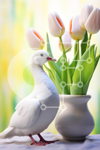 Σετ των 2 Intra Συλλεκτικό Ξύλινο Παζλ Plywood  4mm - Λευκό πουλί δίπλα στις τουλίπες Σε Ξύλινο Κουτί - Διαστάσεις: 10x10 cm – 25 κομμάτια