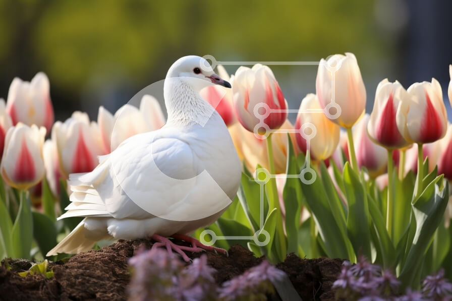 Σετ των 2 Intra Συλλεκτικό Ξύλινο Παζλ Plywood  4mm - Άσπρο περιστέρι ανάμεσα στις τουλίπες την άνοιξη Σε Ξύλινο Κουτί - Διαστάσεις: 10x10 cm – 25 κομμάτια