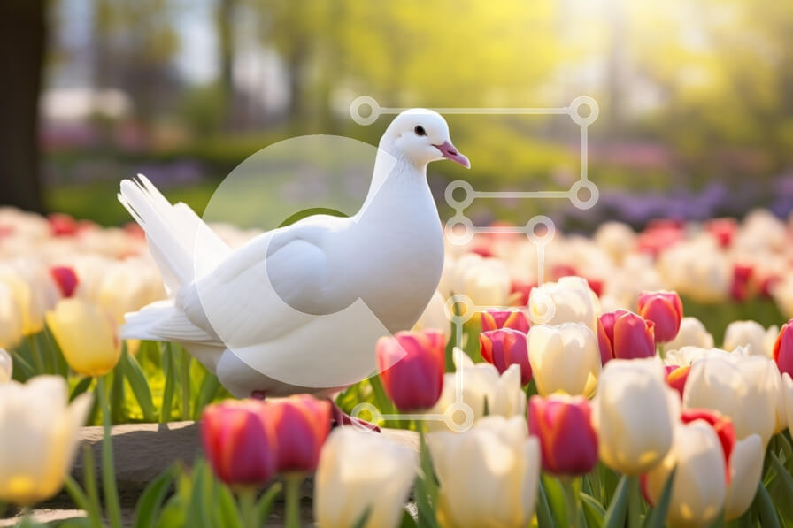 Σετ των 2 Intra Συλλεκτικό Ξύλινο Παζλ Plywood  4mm - Λευκό Περιστέρι ανάμεσα στις τουλίπες σε έναν ανοιξιάτικο κήπο Σε Ξύλινο Κουτί - Διαστάσεις: 10x10 cm – 25 κομμάτια