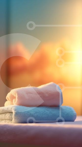 Intra Συλλεκτικό Ξύλινο Παζλ Plywood  4mm - Κοντινό πλάνο δύο όμορφα διπλωμένων πετσετών με φόντο το ηλιοβασίλεμα Σε Ξύλινο Κουτί - Διαστάσεις Puzzle: 10x10 cm – 25 κομμάτια