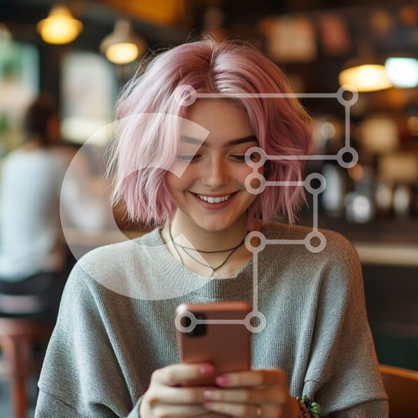 Σετ των 2 Intra Συλλεκτικό Ξύλινο Παζλ Plywood  4mm - Νεαρή γυναίκα που χαμογελά στο smartphone σε ένα καφέ Σε Ξύλινο Κουτί - Διαστάσεις: 10x10 cm – 25 κομμάτια