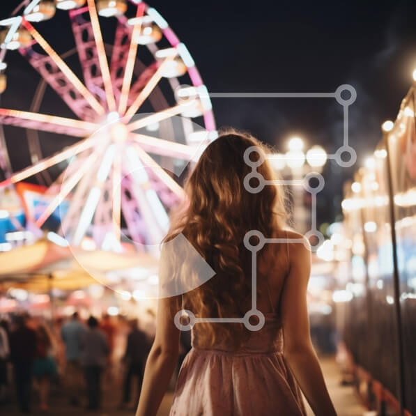 Intra Συλλεκτικό Ξύλινο Παζλ Plywood  4mm - Νεαρή γυναίκα σε νυχτερινό εκθεσιακό χώρο με ρόδα λούνα παρκ Σε Ξύλινο Κουτί - Διαστάσεις Puzzle: 10x10 cm – 25 κομμάτια