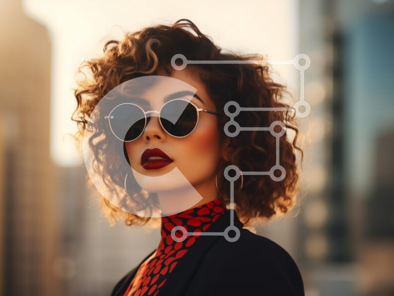 Intra Συλλεκτικό Ξύλινο Παζλ Plywood  4mm - Μοντέρνα γυναίκα με γυαλιά ηλίου ενάντια στο αστικό τοπίο Σε Ξύλινο Κουτί - Διαστάσεις Puzzle: 10x10 cm – 25 κομμάτια