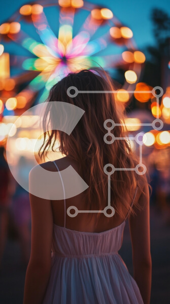 Intra Συλλεκτικό Ξύλινο Παζλ Plywood  4mm - Νεαρή γυναίκα σε μια πολύχρωμη ρόδα λούνα παρκ Σε Ξύλινο Κουτί - Διαστάσεις Puzzle: 10x10 cm – 25 κομμάτια