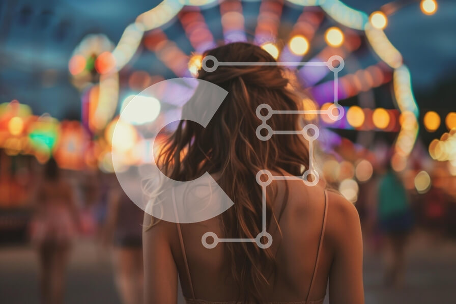 Intra Συλλεκτικό Ξύλινο Παζλ Plywood  4mm - Νεαρή γυναίκα σε ένα καρναβάλι κατά τη διάρκεια του λυκόφωτος Σε Ξύλινο Κουτί - Διαστάσεις Puzzle: 10x10 cm – 25 κομμάτια