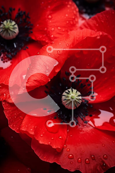 Σετ των 2 Intra Συλλεκτικό Ξύλινο Παζλ Plywood  4mm - Κοντινό πλάνο κόκκινων λουλουδιών παπαρούνας με σταγονίδια νερού Σε Ξύλινο Κουτί - Διαστάσεις: 10x10 cm – 25 κομμάτια