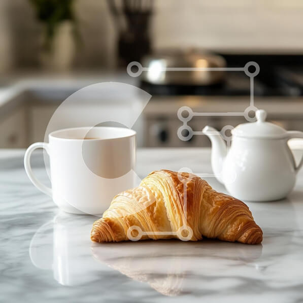 Σετ των 2 Intra Συλλεκτικό Ξύλινο Παζλ Plywood  4mm - Κρουασάν με καφέ και τσαγιέρα σε μαρμάρινη επιφάνεια Σε Ξύλινο Κουτί - Διαστάσεις: 10x10 cm – 25 κομμάτια