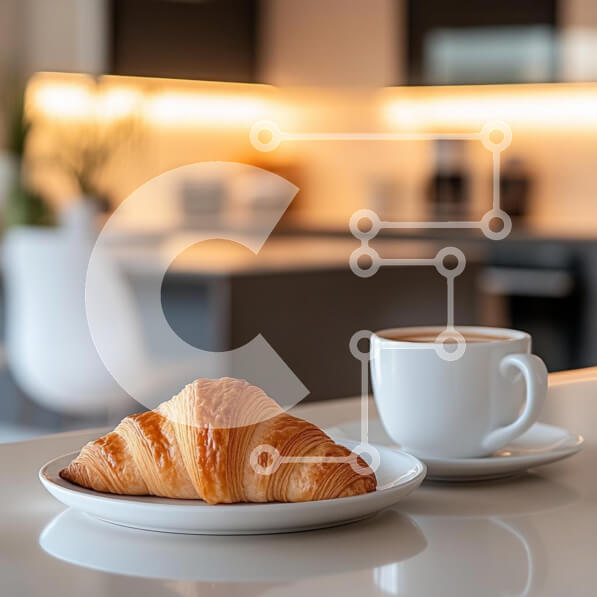 Σετ των 2 Intra Συλλεκτικό Ξύλινο Παζλ Plywood  4mm - Κρουασάν και καφές σε μια μοντέρνα κουζίνα Σε Ξύλινο Κουτί - Διαστάσεις: 10x10 cm – 25 κομμάτια