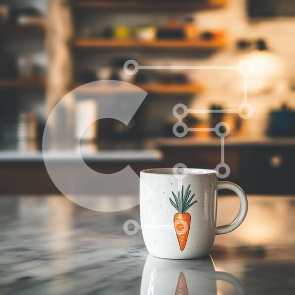 Intra Συλλεκτικό Ξύλινο Παζλ Plywood  4mm - Κεραμική κούπα με σχέδιο καρότο σε μαρμάρινο πάγκο Σε Ξύλινο Κουτί - Διαστάσεις Puzzle: 10x10 cm – 25 κομμάτια