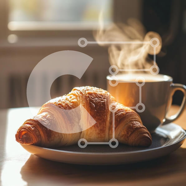 Σετ των 2 Intra Συλλεκτικό Ξύλινο Παζλ Plywood  4mm - Νόστιμο κρουασάν με καφέ σε ζεστό πρωινό φως Σε Ξύλινο Κουτί - Διαστάσεις: 10x10 cm – 25 κομμάτια