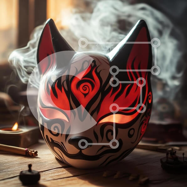 Intra Συλλεκτικό Ξύλινο Παζλ Plywood  4mm - Διακοσμητική μάσκα αλεπούς με κόκκινες φλόγες Σε Ξύλινο Κουτί - Διαστάσεις: 10x10 cm – 25 κομμάτια