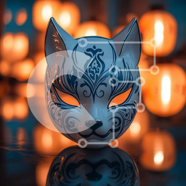 Intra Συλλεκτικό Ξύλινο Παζλ Plywood  4mm - Καλλιτεχνική Μάσκα Γάτας με Φανάρια Σε Ξύλινο Κουτί - Διαστάσεις Puzzle: 10x10 cm – 25 κομμάτια