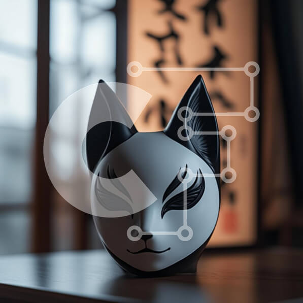 Intra Συλλεκτικό Ξύλινο Παζλ Plywood  4mm - Στυλιζαρισμένη μάσκα γάτας σε ξύλινο τραπέζι Σε Ξύλινο Κουτί - Διαστάσεις Puzzle: 10x10 cm – 25 κομμάτια