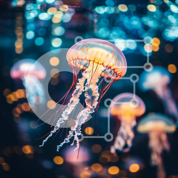 Intra Συλλεκτικό Ξύλινο Παζλ Plywood  4mm - Μέδουσες που κολυμπούν σε πολύχρωμα φώτα Σε Ξύλινο Κουτί - Διαστάσεις: 10x10 cm – 25 κομμάτια