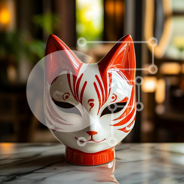 Intra Συλλεκτικό Ξύλινο Παζλ Plywood  4mm - Κόκκινη και λευκή μάσκα γάτας σε μαρμάρινη επιφάνεια Σε Ξύλινο Κουτί - Διαστάσεις: 10x10 cm – 25 κομμάτια